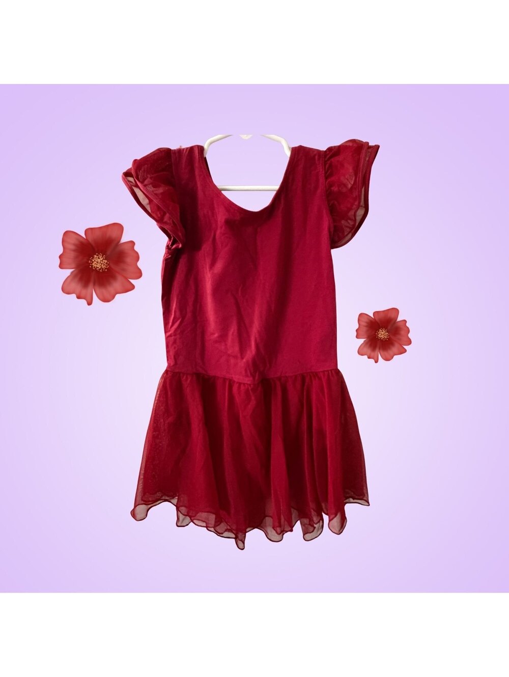 Girls Size XL Burgundy Velvet Skirted Dance Leotard | Flutter Sleeves